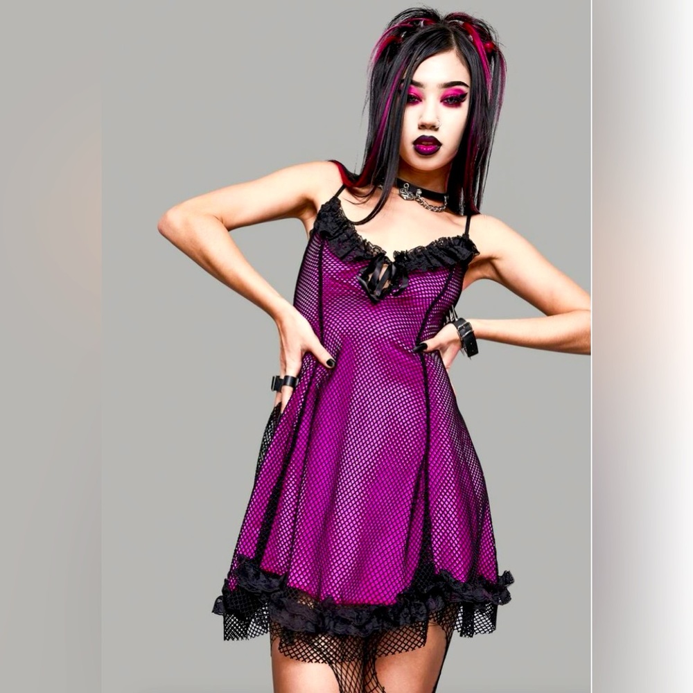 Magenta fishnet dress!